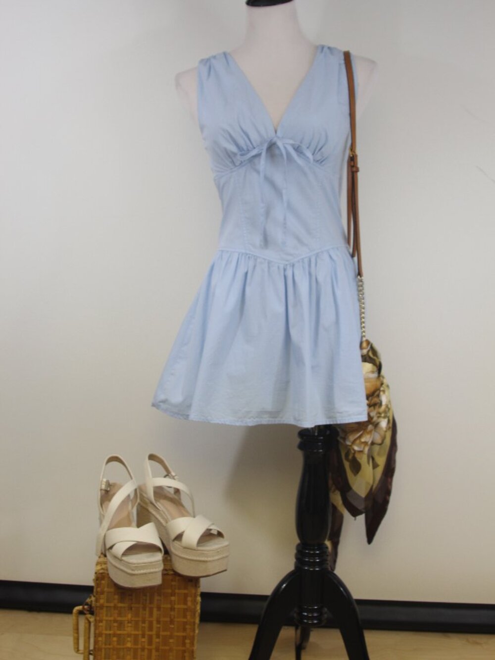 Le‎ Lis Blue Corset Mini Dress Small Cottagecore Coquette Fit & Flare Cotton